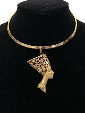 Vintage Nefertiti Goldtone Egyptian Choker Pendant Necklace